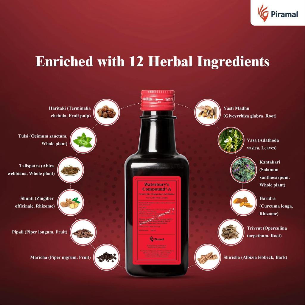 Waterbury’s Compound A Ayurvedic Cough And Cold Relief Syrup | Immunity Booster Herbal Tonic For Adults And Kids | 250 Ml Bottle
