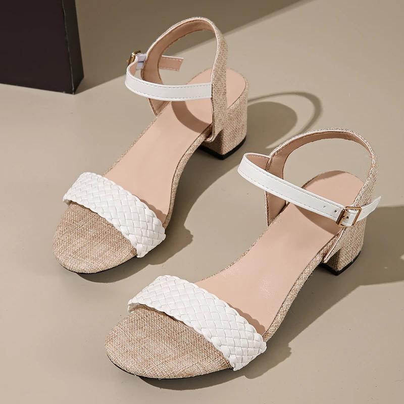 Fashion Summer Woven Band Thick Heel Sandals for Women Plus Size Ankle Buckle Casual Sandles Woman Comfy High Heels Gladiator Sandals