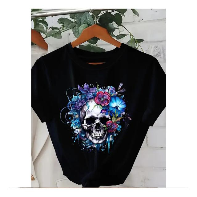 Black Short-Sleeved Printed T-Shirt With Floral Skulls XXXL