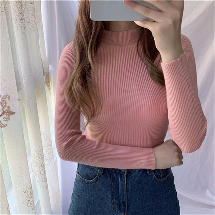 Sweater Women Take Inside the Thin Autumn Winter Solid Color Basic Paragraph Half High Collar Bottoming Knit Sweater Female