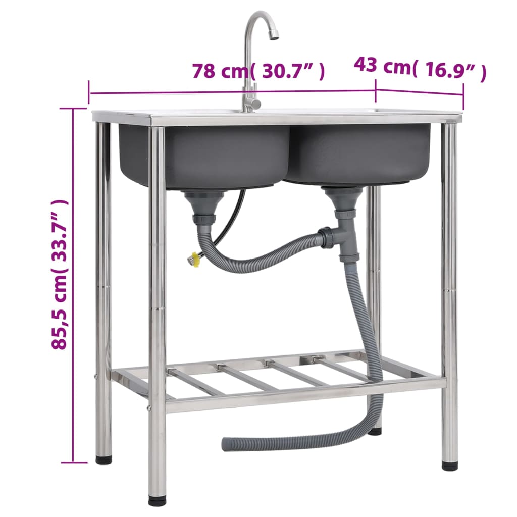 Camping Sink with Double Basin and Faucet Stainless Steel