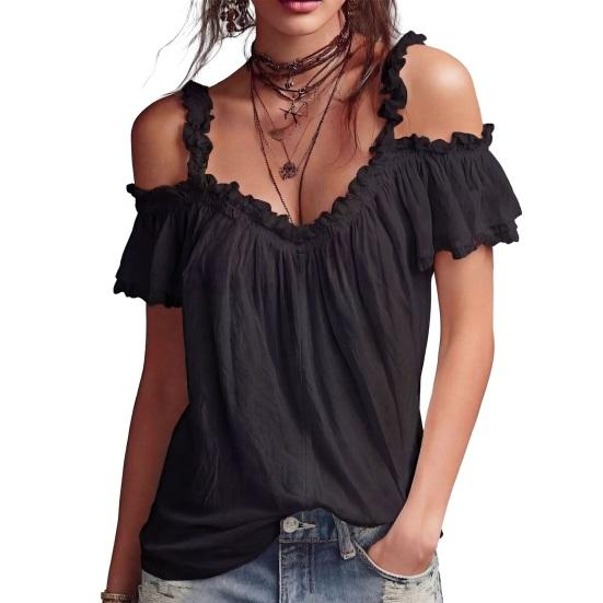 Women Tops Shoulder Straps Design Off Shoulder Ruffle Collar T-shirt Pure Color Loose Fit Short Sleeve Summer Tops