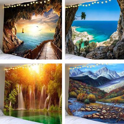 Beach Landscape Wall Hippie Tapestry Polyester Fabric Beautiful Cave Waterfall Print Tapestry Tapiz