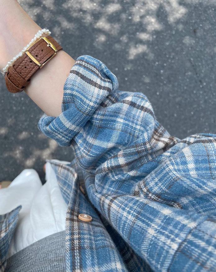 Women's Harajuku Style Blue Plaid Oversized Long-Sleeve Shirt - Casual, Versatile for Spring & Autumn