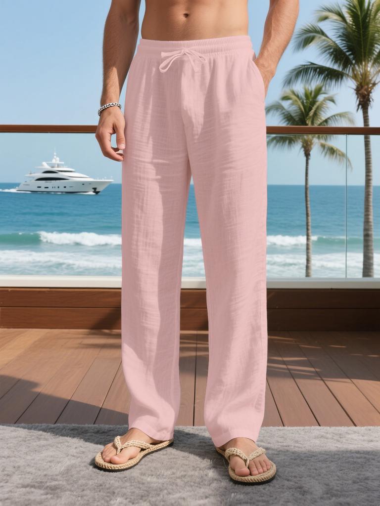 Crazy Muscle Men's Linen Trousers Breathable Straight Loose Drawstring Strap Pants Multi-Color Optional Jogging Pants