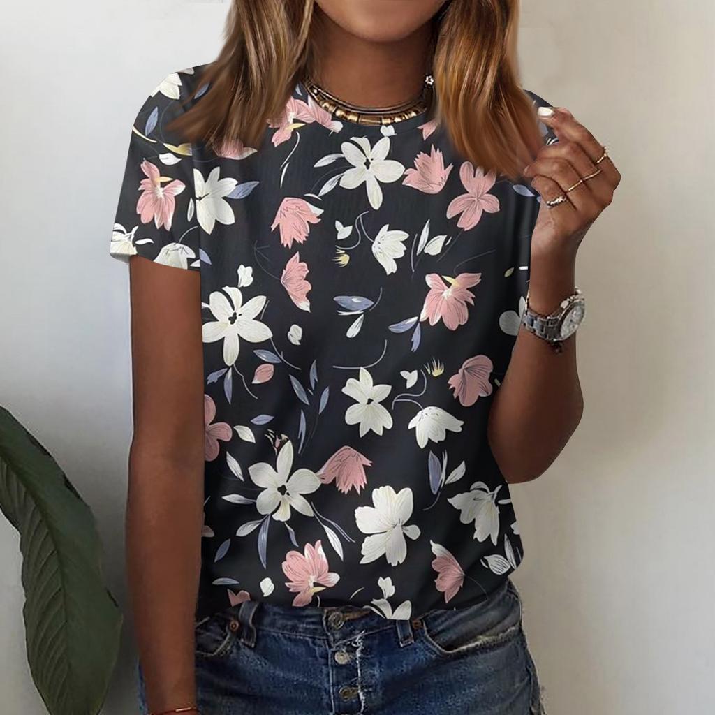 Kurzärmliges T-Shirt mit Rundhalsausschnitt für Damen, modisches T-Shirt mit Blumendruck, lässiges Oberteil, schulterlanges Kurzarmoberteil