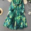 Women French Fashion Single Breasted V Neck Long Dress With Belt Summer Autumn Elegant Print A-line Robe Female Holiday Clothes