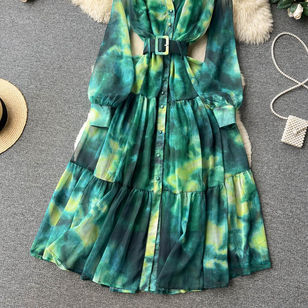 Women French Fashion Single Breasted V Neck Long Dress With Belt Summer Autumn Elegant Print A-line Robe Female Holiday Clothes
