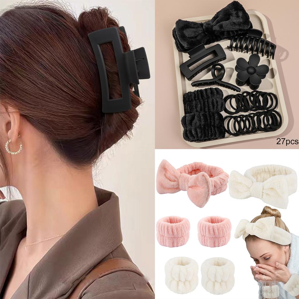 27pcs/set Women's Flowers Hair Claw Clips Hairband Set Headband Velvet Hair Hoop Wristband For Washing Face Skincare Makeup Wear
