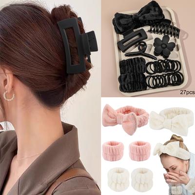 27pcs/set Women's Flowers Hair Claw Clips Hairband Set Headband Velvet Hair Hoop Wristband For Washing Face Skincare Makeup Wear