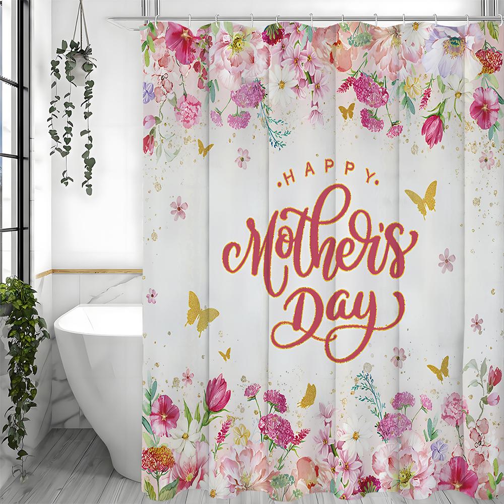 Mother's Day Floral Butterfly Shower Curtain, Bathroom Decorative Shower Curtain, Waterproof Shower Curtain with Hooks