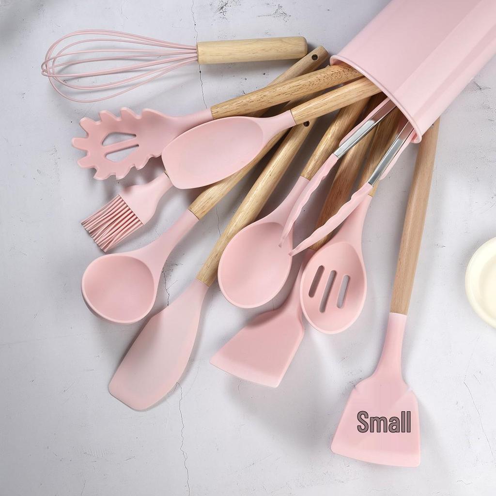11-Piece Silicone Kitchen Utensil Set with Wooden Handles - Black & Khaki Storage Bucket Included