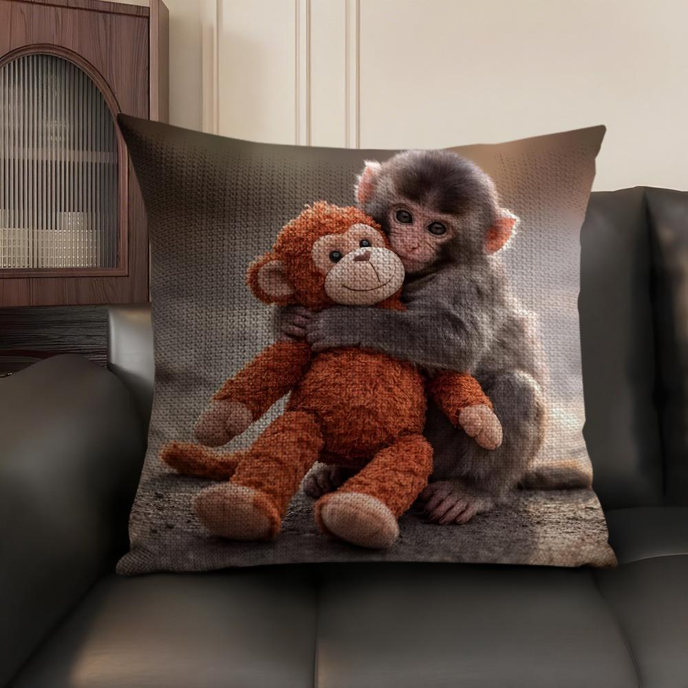 Punch Monkey Cute Cushion Cover Natural Linen Organic Fabric Double-Sided Printing Sofa Home Decor Gift Pillow Case