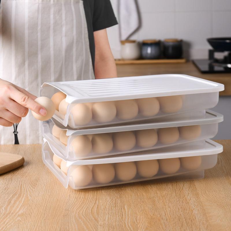 Refrigerator Egg Storage Box with Cover Automatic Rolling Sliding Egg Box Plastic Transparent Can Stack Duck Egg Preservation Box