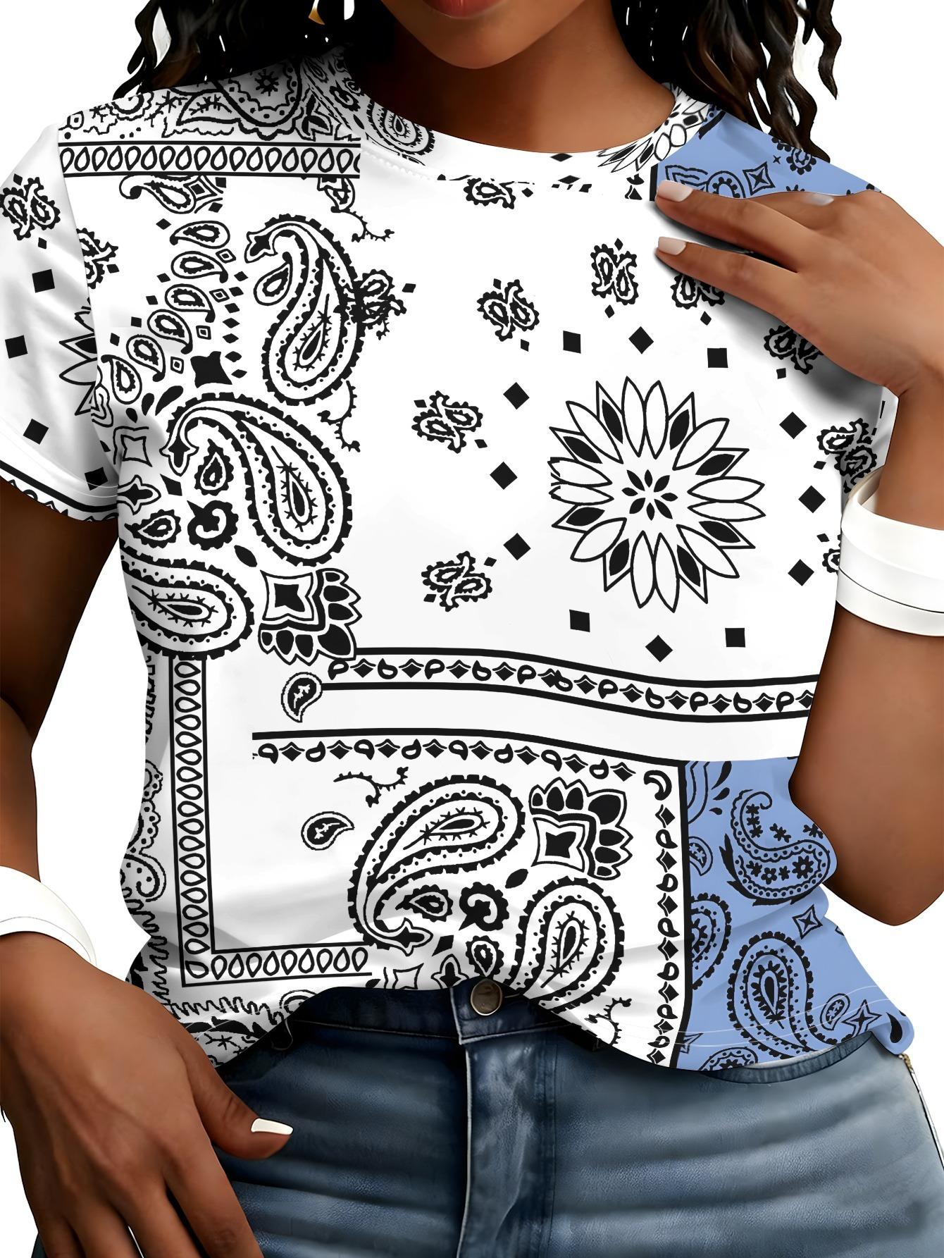 

Paisley Pattern Printed Short-sleeve T-shirt. White Round Neck Short Sleeves. Classic Black Paisley Swirl Pattern as the Main Design. Blue Accents to 2XL дубильная кора