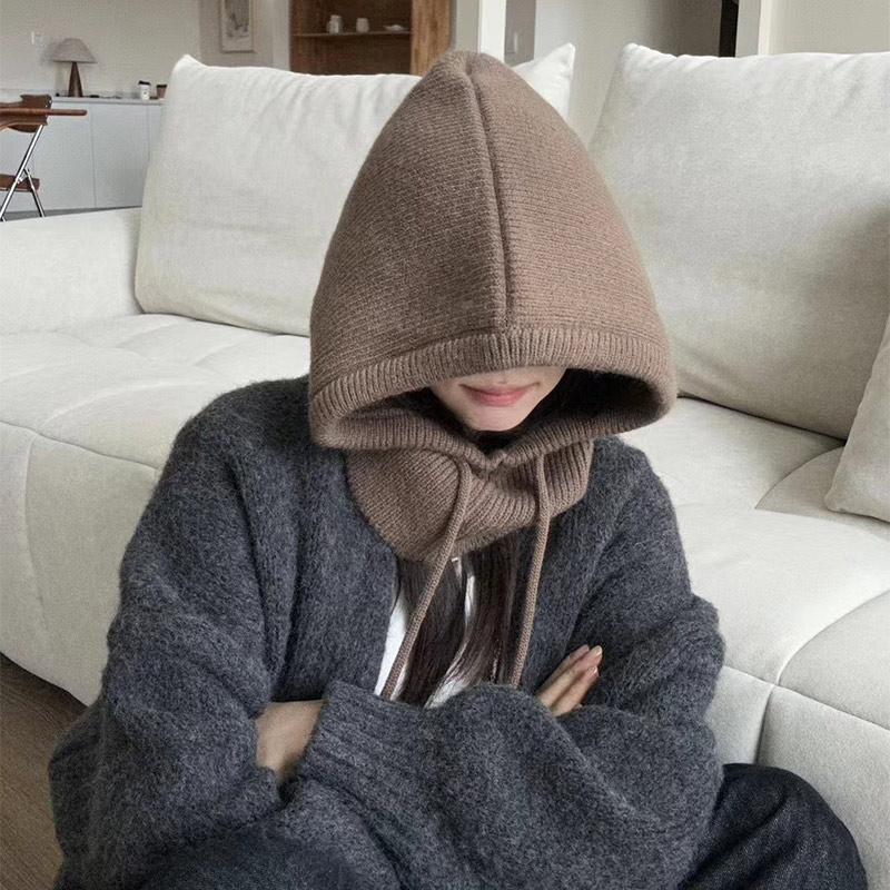Örme Kapşonlu Şapkalar Kış Balaclava Şapkalar Kadın Kore Tarzı Açık Hava Isıtıcı Bağcıklı Şapkalar Tek Parça Boyunluk Bere Şapka