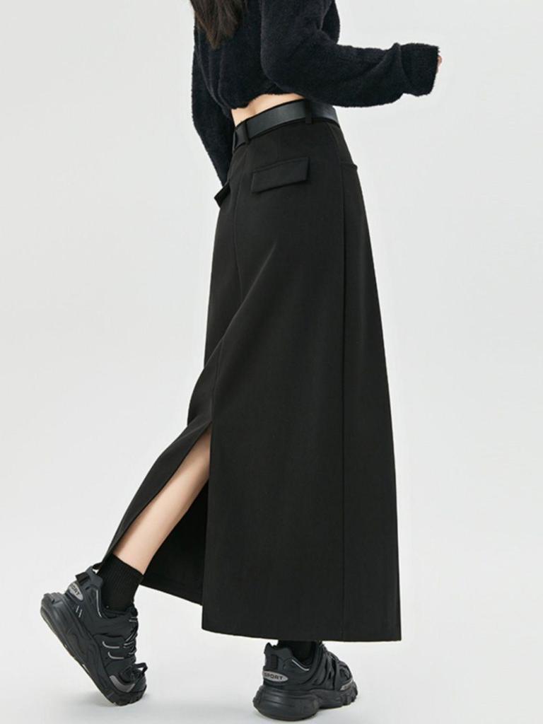 Women's High-Waist Woolen Midi Skirt - Slimming Bodycon with Slit for Autumn/Winter