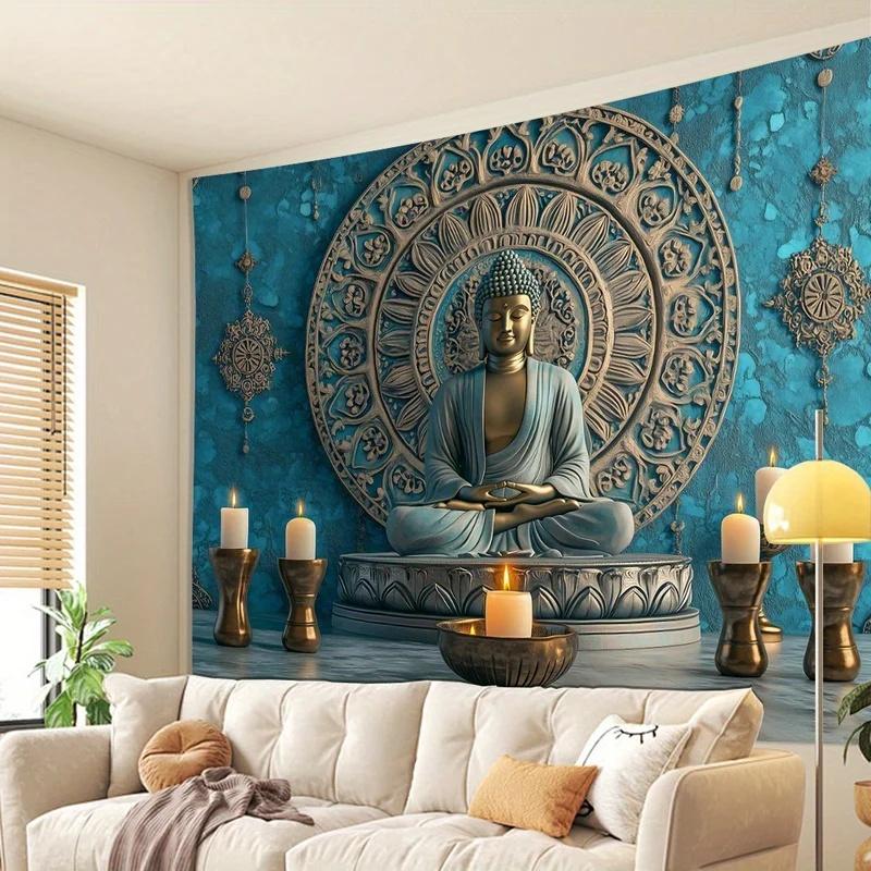 VIKAMA Meditations-Buddha Wandbehang, Vintage Blaue Buddha-Statue Mandala Wandteppich, Leichte Spirituelle Innenwanddekoration2