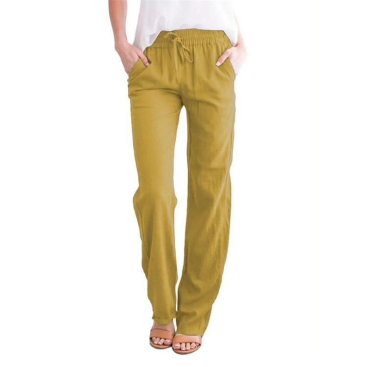 Women Wide Leg Trousers Loose Drawstring Casual Pants Solid Colour Cotton Linen Spring Summer