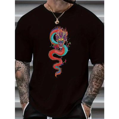 European Size Plus Size 'Dragon Totem' Tee, Men's Casual Graphic T-Shirt Short Sleeve Versatile Loose Summer Tops For Street Daily
