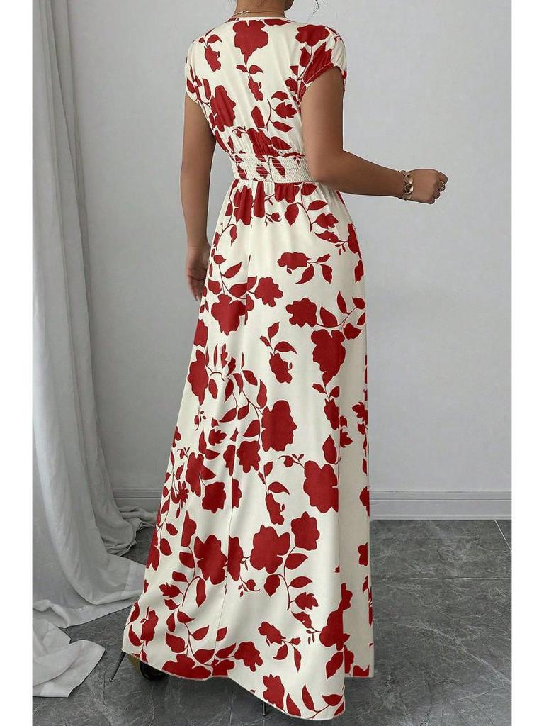 2025 Women's V-Neck Short Sleeve Tie-Up Dress with New Print - Spring/Summer Waist-Cinching Long Dress