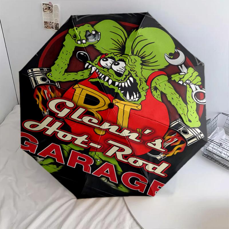 1pc Rat Fink pattern Umbrella Portable Folding Umbrella Iron Frame Hole Bone Structure Outdoor Home Umbrella