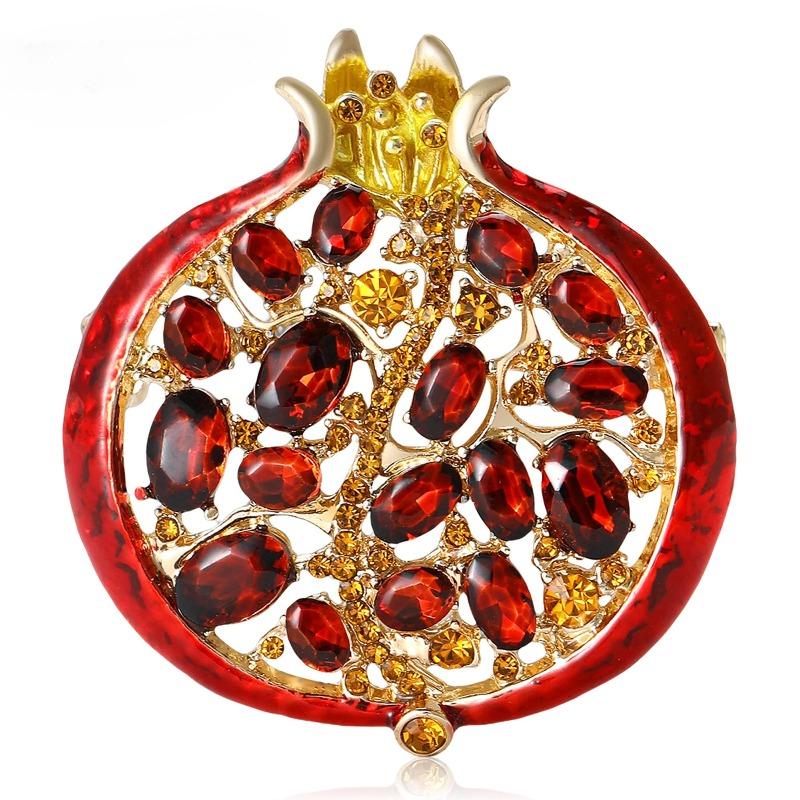 Luxury Zircon Pomegranate Brooches for Women Enamel Fruit Plant Pins Casual Party Accessories New Christmas Gifts Friends