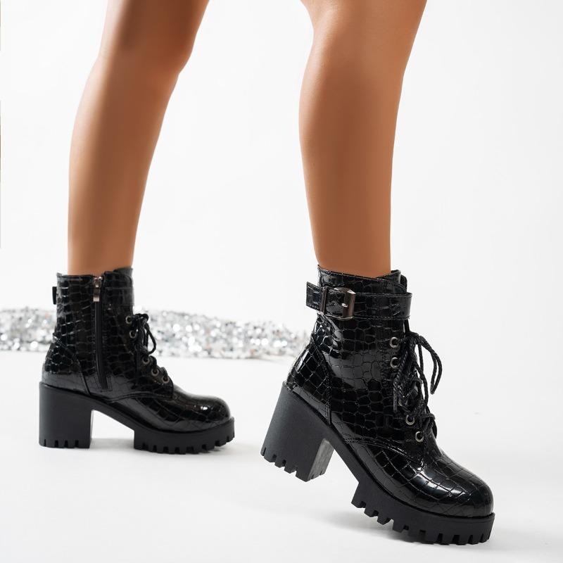 Stivali Martin da Donna a Punta Larga con Tacco Chunky Lucido - Stivaletti con Lacci Frontali e Cinturino con Fibbia, Stivali alla Moda Autunno/Inverno
