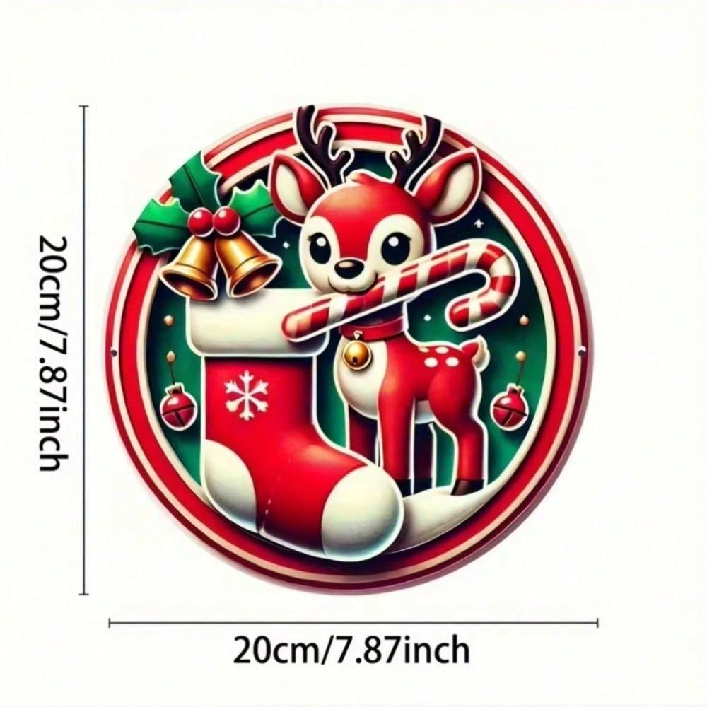 2D Flat Vintage Deer Metal Wall Art Round Christmas Sign with Candy Canes Bells Stocking Easy Home Decor