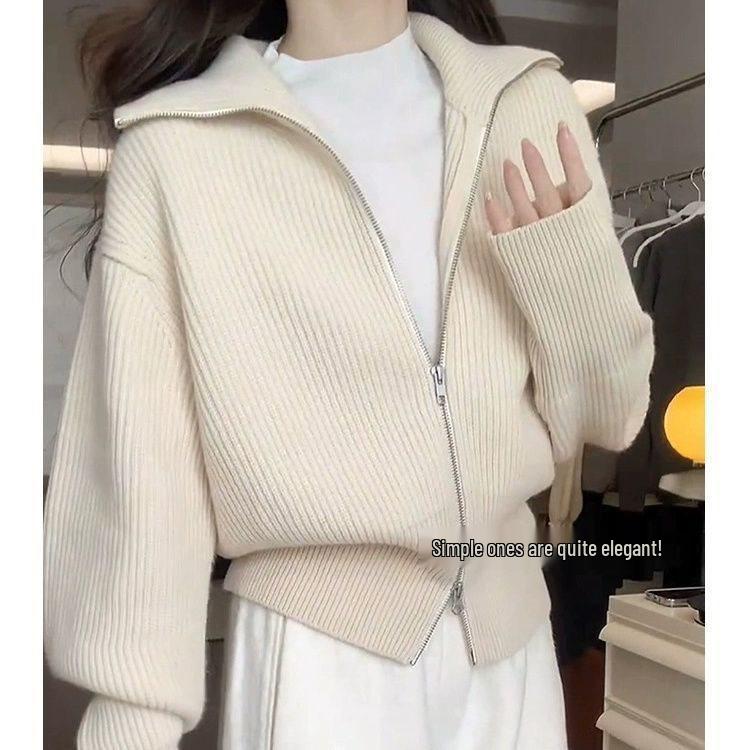 Women's Double Zipper Lapel Knit Cardigan - Soft, Cozy, and Thickened for Autumn/Winter