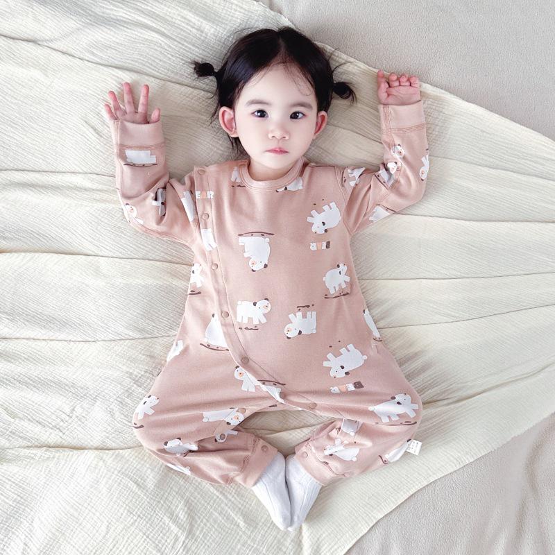 Autumn Pure Cotton Tagless Newborn Bodysuit with Double Layer Belly Protection and Long Sleeves - Baby Pajamas & Home Wear.