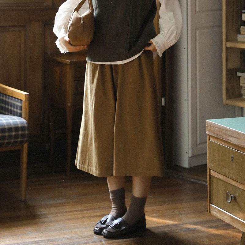 Retro Korean Artistic Brown High-Waist A-Line Midi Skirt for Women Large коричневый