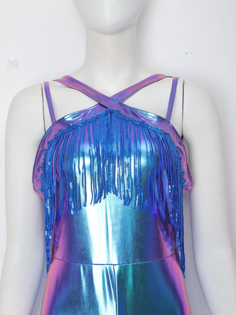 Tuta da Donna Lucida Metallizzata con Frange Senza Maniche Spalline Sottili Pantaloni a Zampa Zip Posteriore per Club e Performance sul Palco