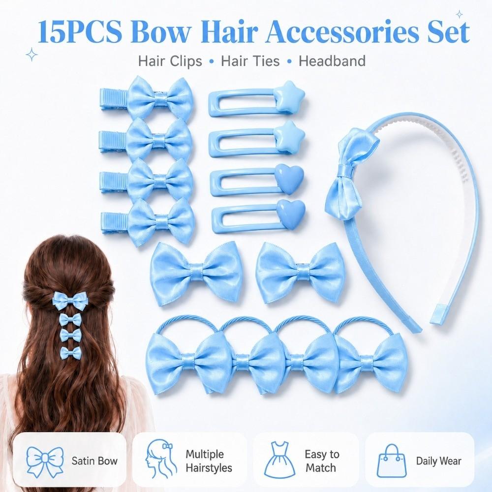 15Pcs/Set Lightweight Bow Hair Accessories Set Colorful Bow Hair Ties New Bow Headband Girls Gifts