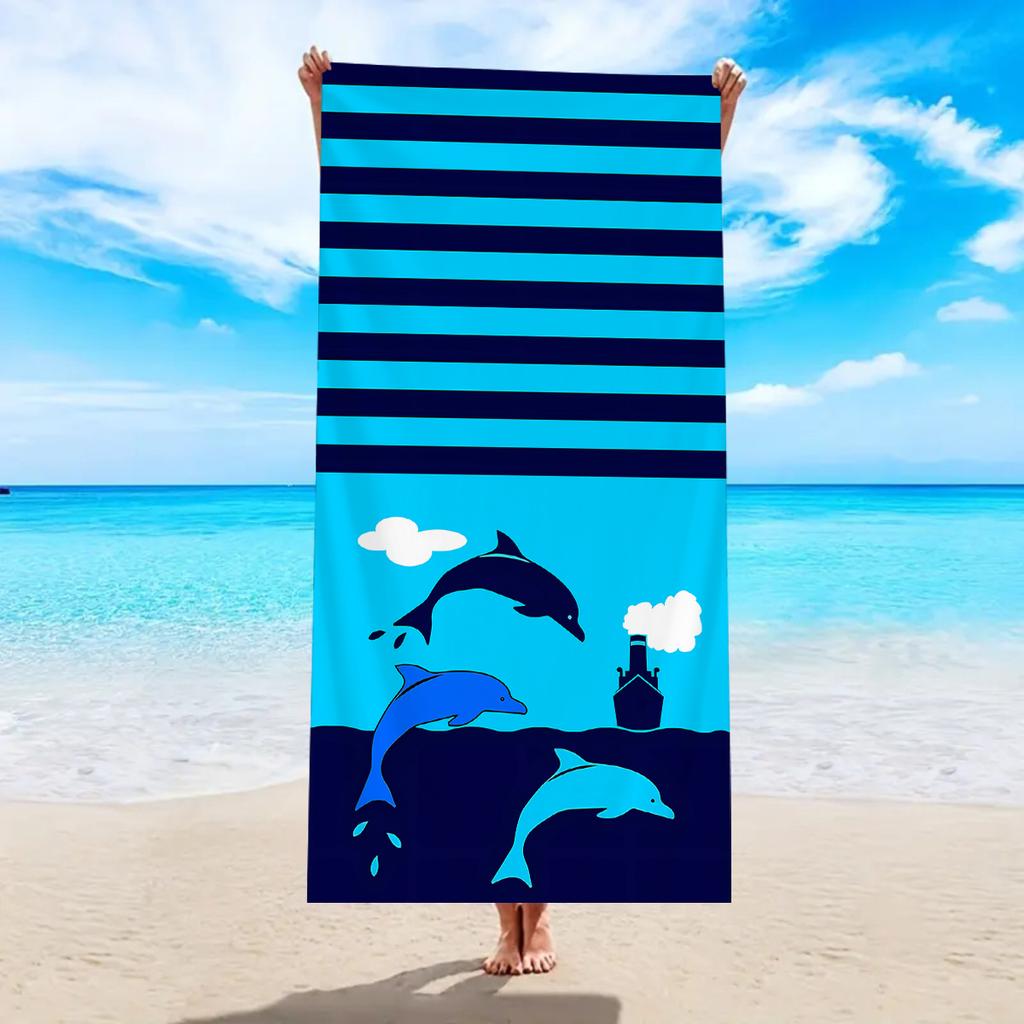 1pc Striped Ocean Element Printed Ultra-fine Fiber Beach Towel, Beach Swimming Quick Drying Absorbent Beach Towel