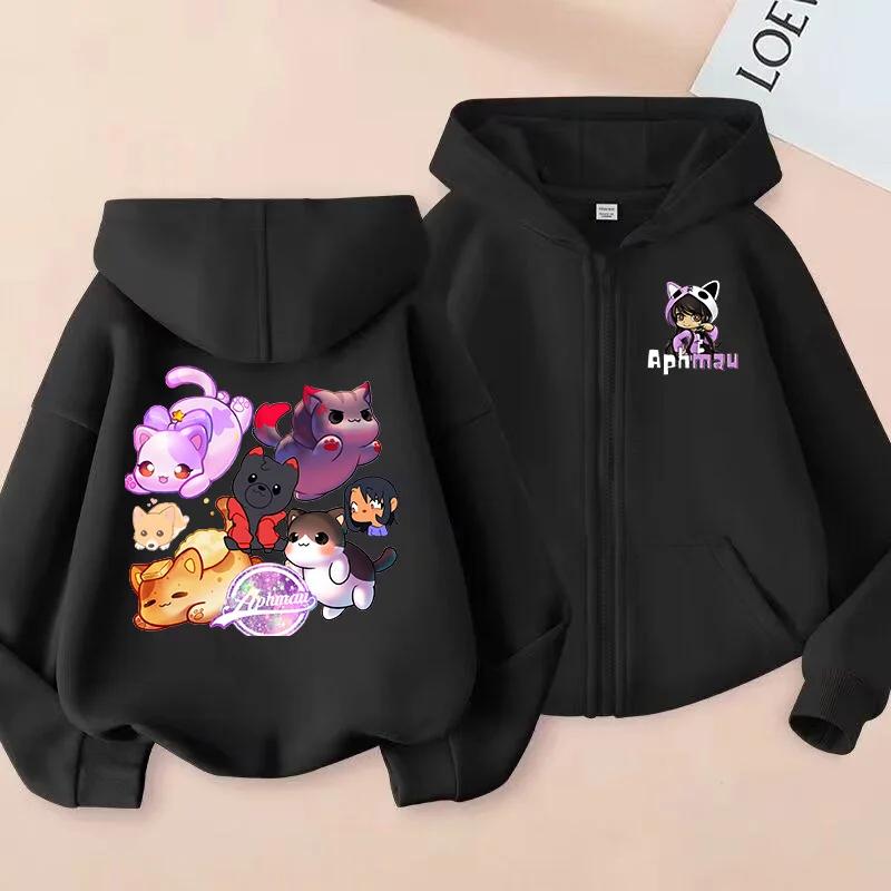 Kinder Reißverschluss Sweatshirts Aphmau Cartoon Aufdruck Kapuzenpullover Kinderkleidung Mädchen Junge Sweatshirt Reißverschluss Kapuzenpullover Freizeit Oberteile 160 black