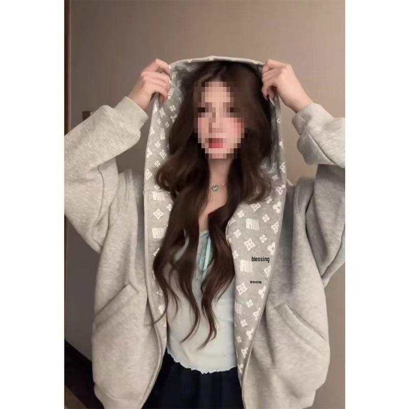Cool American Sweet Pattern Women's Embroidered Hooded Sweatshirt - Autumn Loose Fit Cardigan