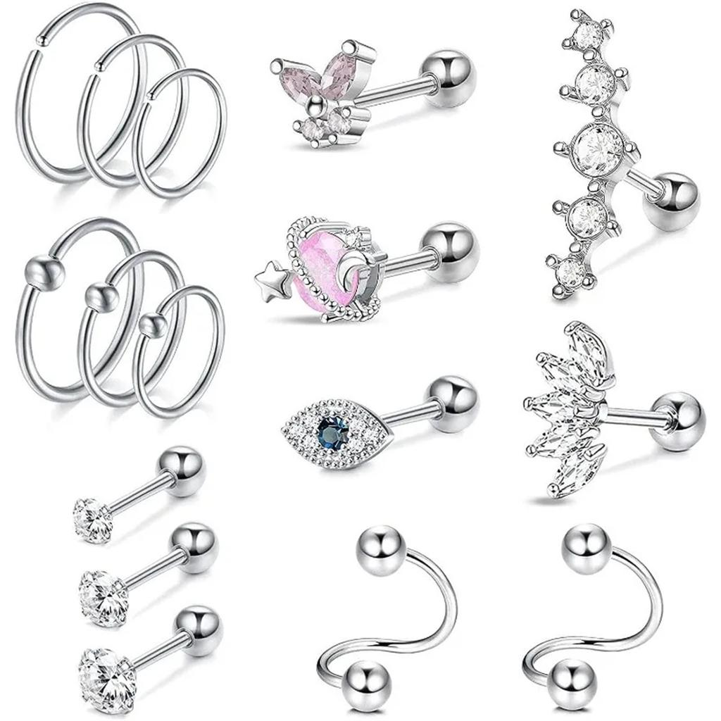 16Pcs 16G Hypoallergenic Cartilage Earrings Set Tragus Conch Helix Studs Daily Jewelry for Women Men