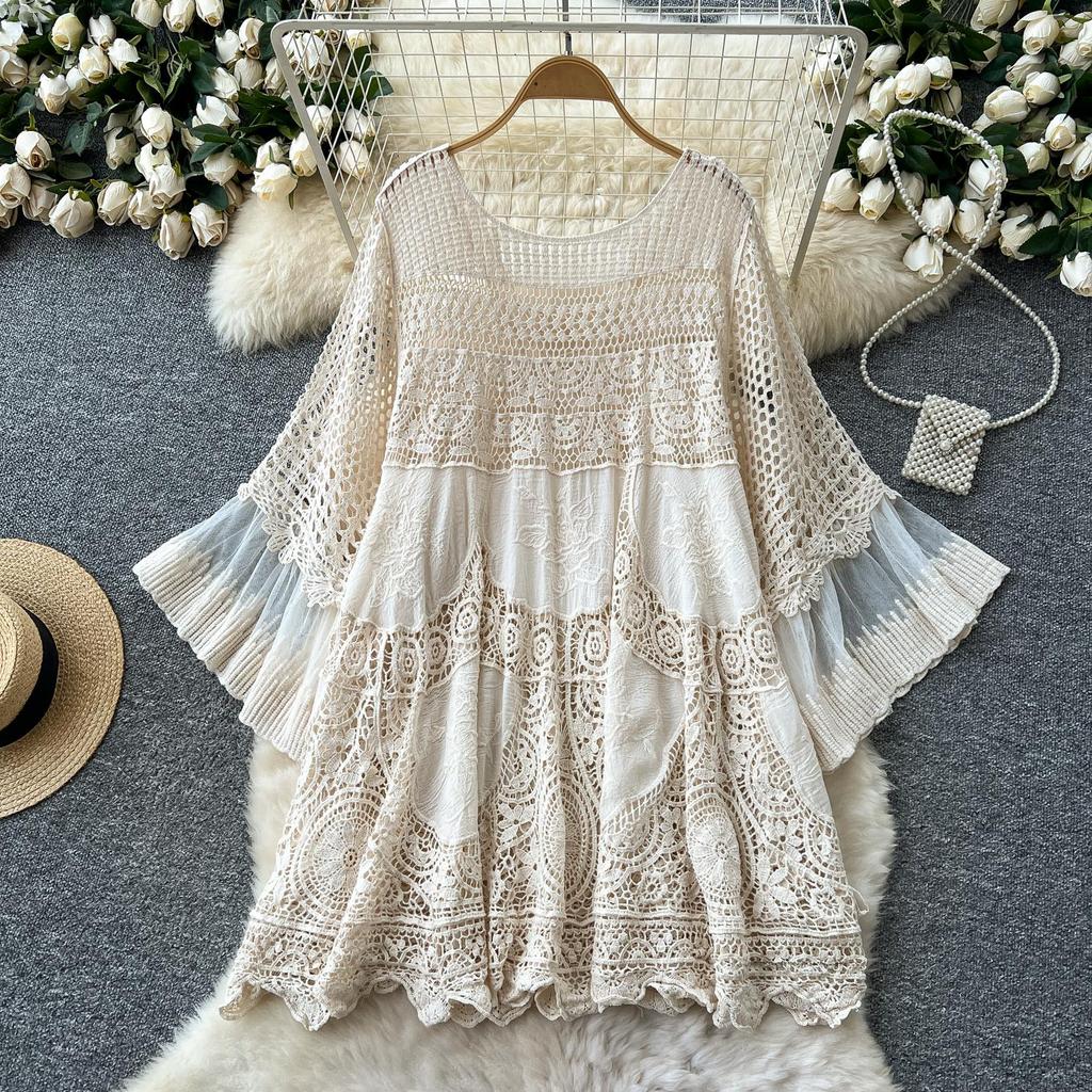 DIMANAF 2025 New Summer Women Long Basic Knitted Dress Sleeve  Fashion Lace Dresses Casual Loose
