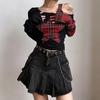 VAYLA Sommer Stern Patchwork Crop Tops Karomuster T-Shirt Damenmode Off Single Shoulder Y2k Tee Überärmel Fairy Grunge Shirts