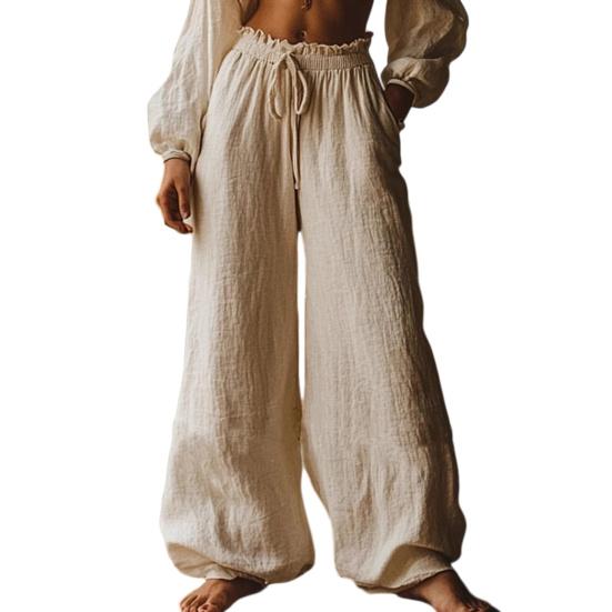 

Women Pants High Waist Wide Leg Loose Fit Drawstring Elastic Waist Bohemian Style Long Trousers with Pockets Casual Summer Trousers S абрикосовый