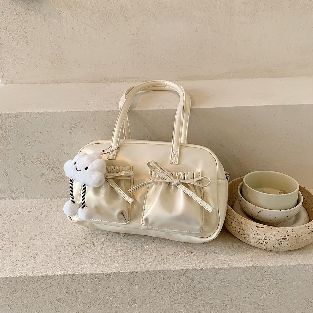 Shoulder Bag for Women Lightweight PU Handbag with Cloud Charm & Bow Front Pocket Large Capacity Zipper for Daily Commute
