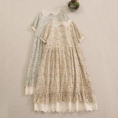 Vestido Mori Girl Floral Cuello de Muñeca Ajuste Holgado Patchwork Dobladillo de Encaje