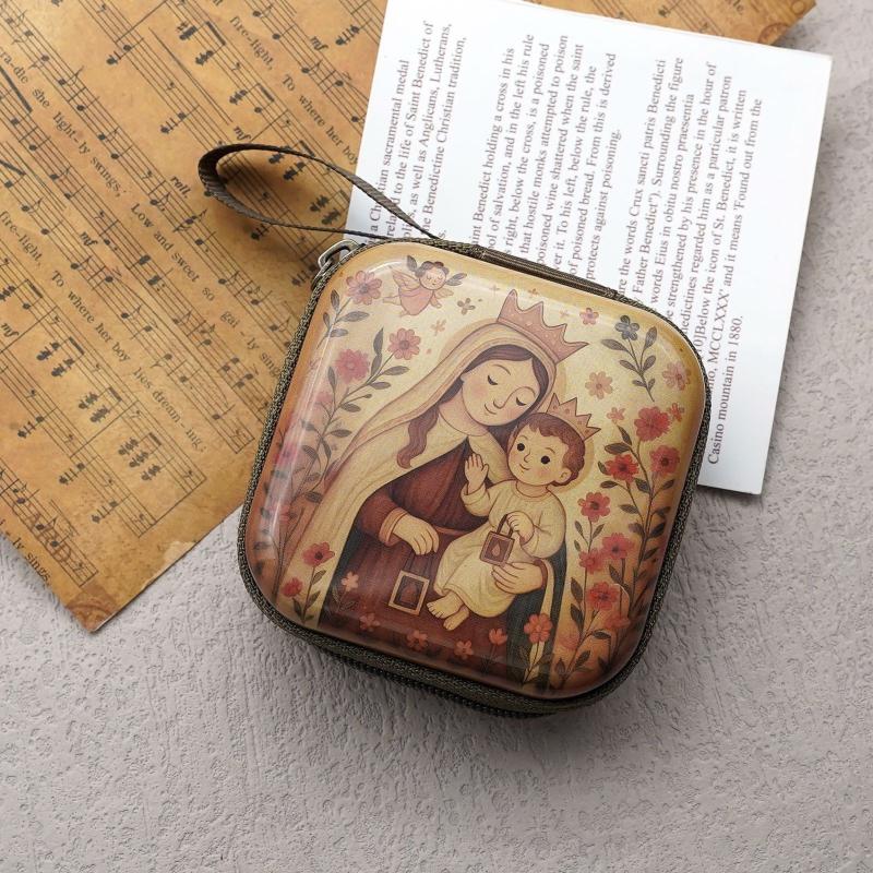 7X7Cm Virgin Mary Jesus Prayer Rosary Bag Religious Jewelry Storage Box Articulos Religioso