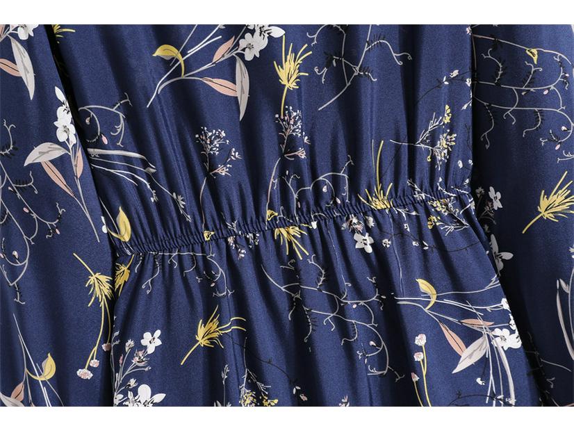 Women's Spring High-Waist Retro Floral Chiffon Maxi Dress with Long Sleeves and Round Neck