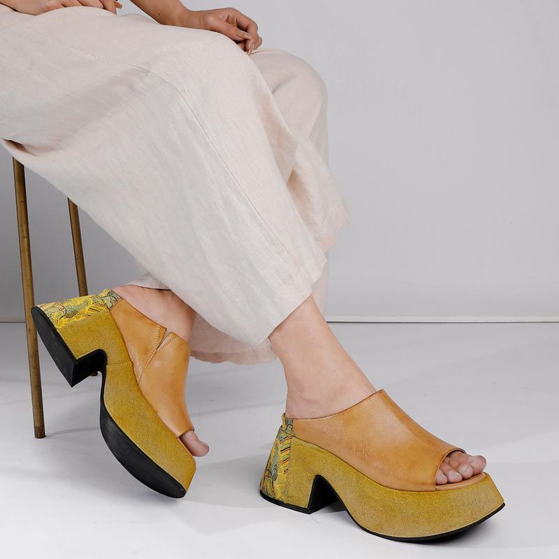 Fashion GKTINOO 8cm Slipper ROME Platform Wedge High Heels Summer Shoes Women Peep Toe Cow Genuine Leather Moccasins Embroider Mary Jane