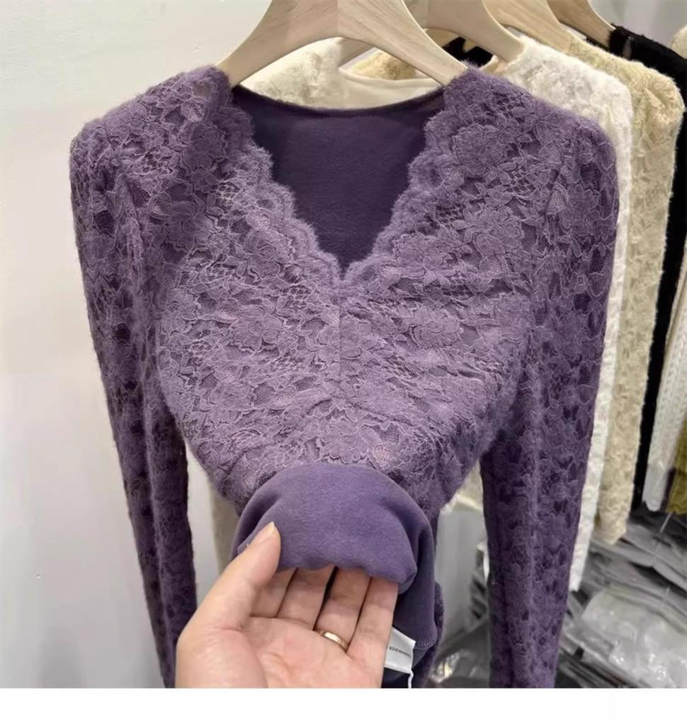 Chic V-Neck Lace Velvet Layered Top for Women - Trendy Autumn/Winter 2025