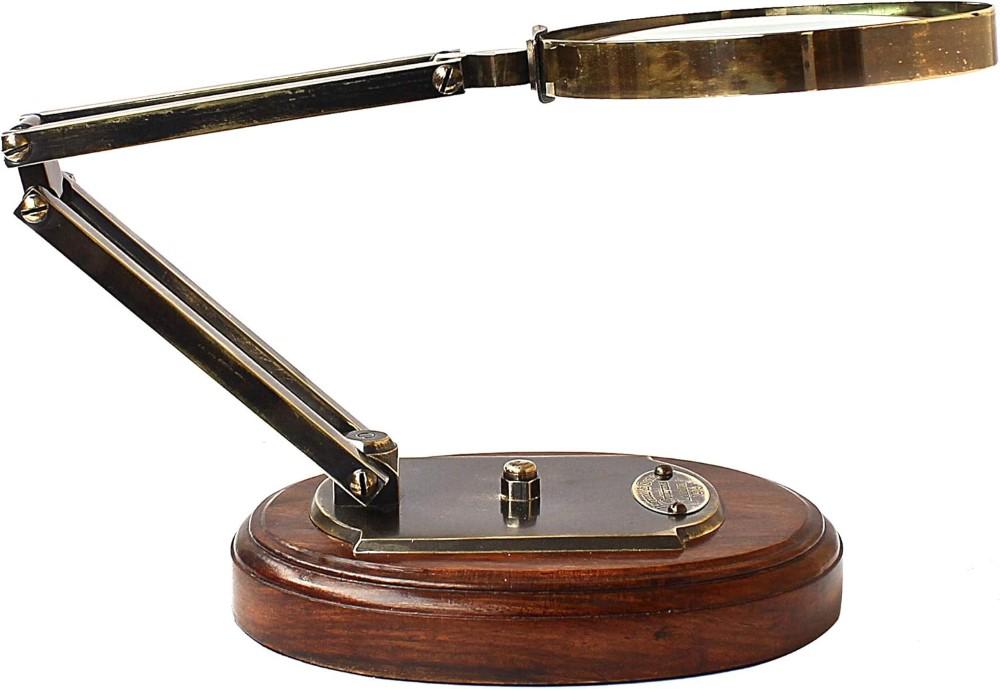 5X Brass Desk Top Magnifying Glass with Adjustable Stand and Wooden Base Vintage