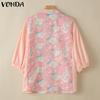 VONDA Summer Women Lapel Neck Floral Print Patchwork Button Down Casual Blouse