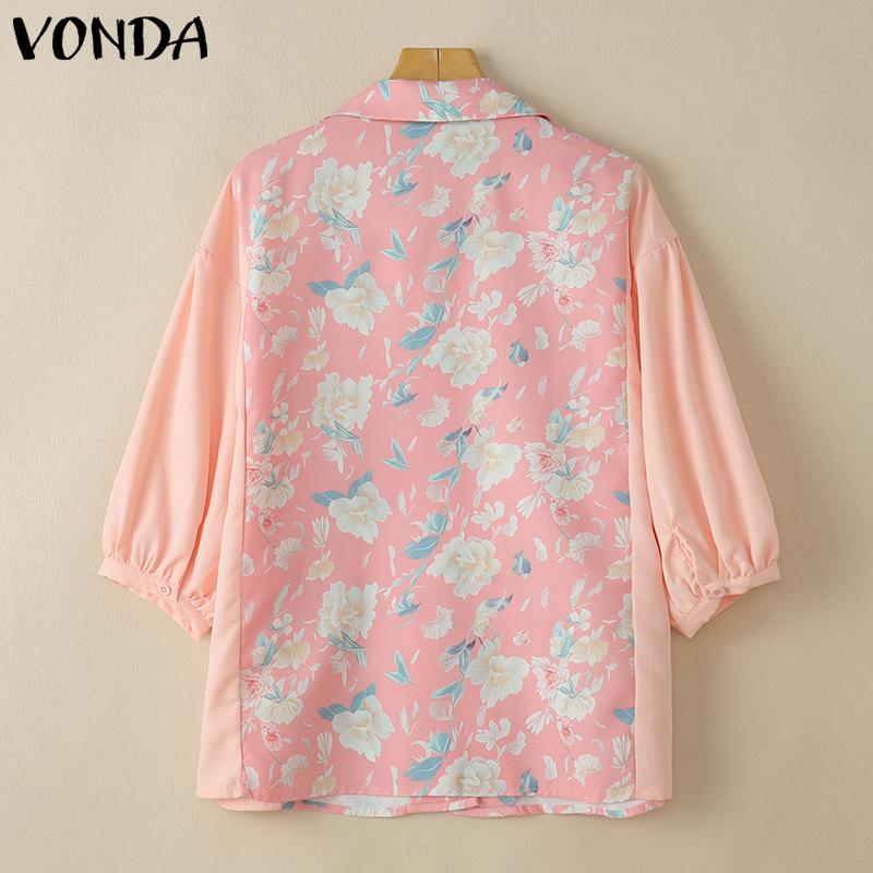 VONDA Summer Women Lapel Neck Floral Print Patchwork Button Down Casual Blouse